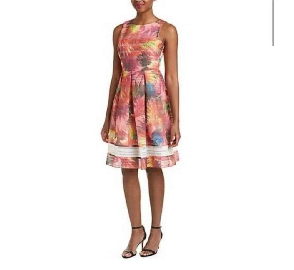 Belle Badgley Mischka Dress Women's 8 Orange Multi Reed Pleated Sleeveless Lined